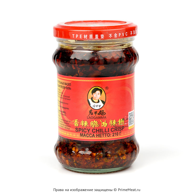 Соус на основе растительных масел "Острый соус с хрустящим перцем чили", Lao Gan Ma, 210 г (фото)