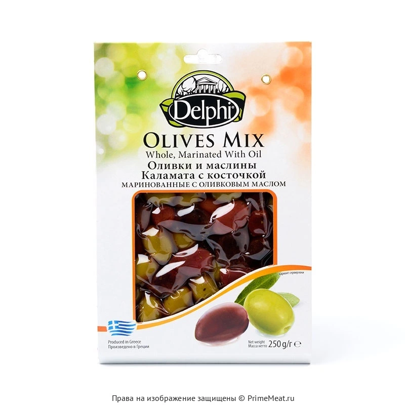 картинка Оливки и маслины Каламата с косточкой маринованные с оливковым маслом Delphi 250 от магазина Primemeat 